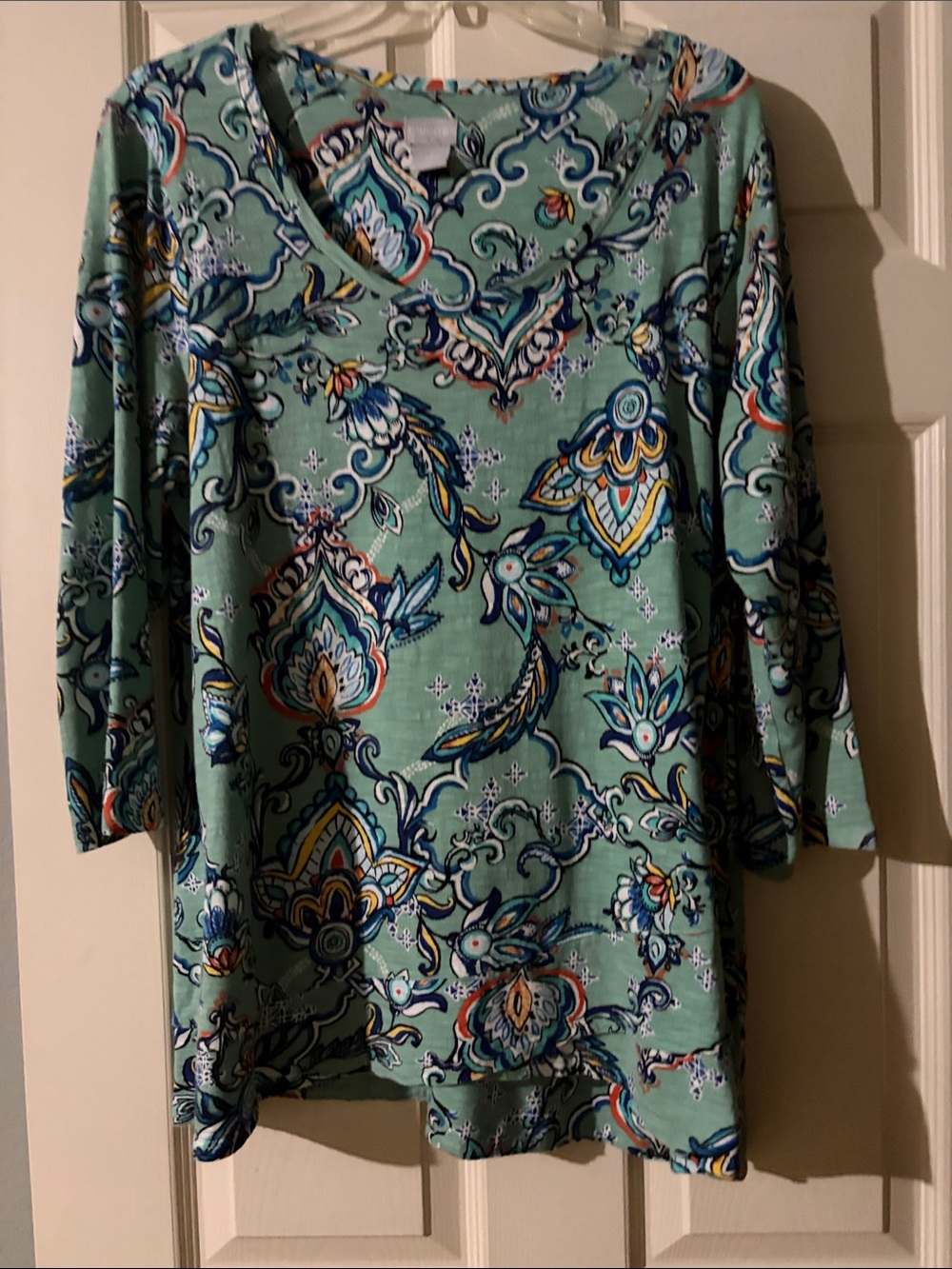 Chico's Mint Green Floral Paisley V-Neck 3/4 length sleeve